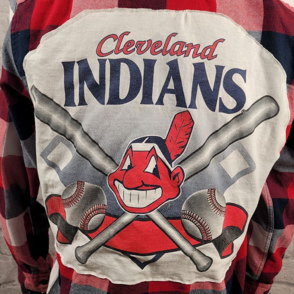 Cleveland Indians 1996 Upcycled Flannel Shirt Express Men Medium Chief Wahoo MLB - Picture 8 of 13